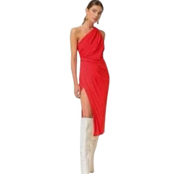 New Line & Dot Mia One-Shoulder Draped Front Midi Dress Scarlet Red Women’s XS - Picture 2 of 12